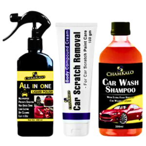 Premium Chamkalo All-In-One Car Care Combo: 250ml Shine Enhancer + 100g Scratch Removal + 200ml Car Wash Shampoo